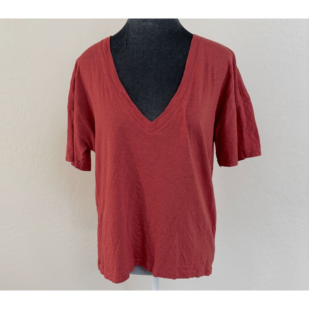 Bensimon V-Neck Short‎ Sleeve Cotton/Linen T-Shirt. Orange. Size L